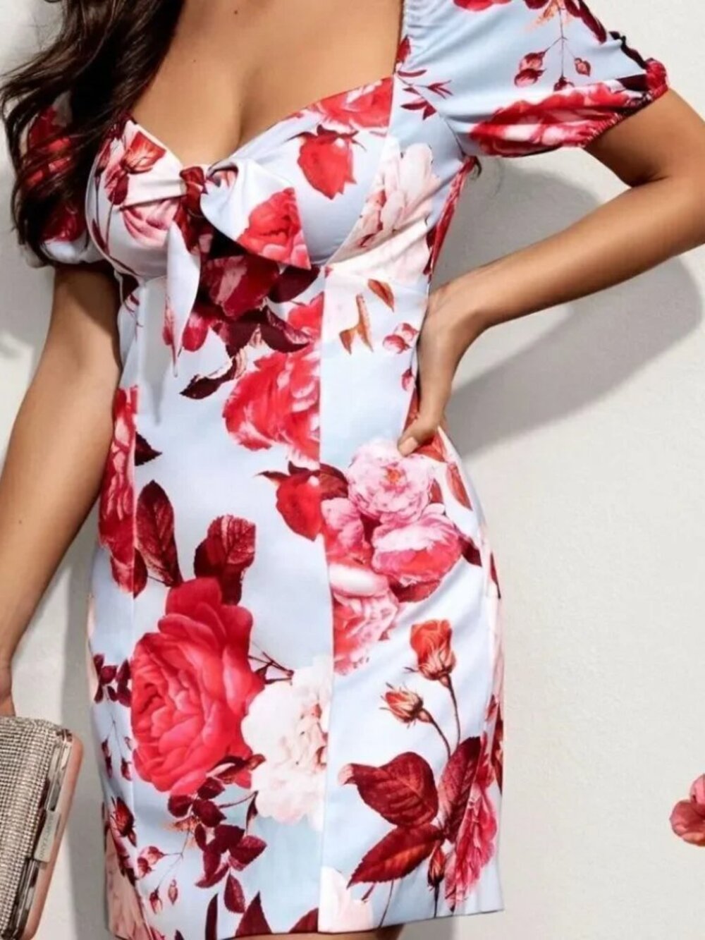 Marciano Light Blue Floral Puff-Sleeve Tie-Front Dress